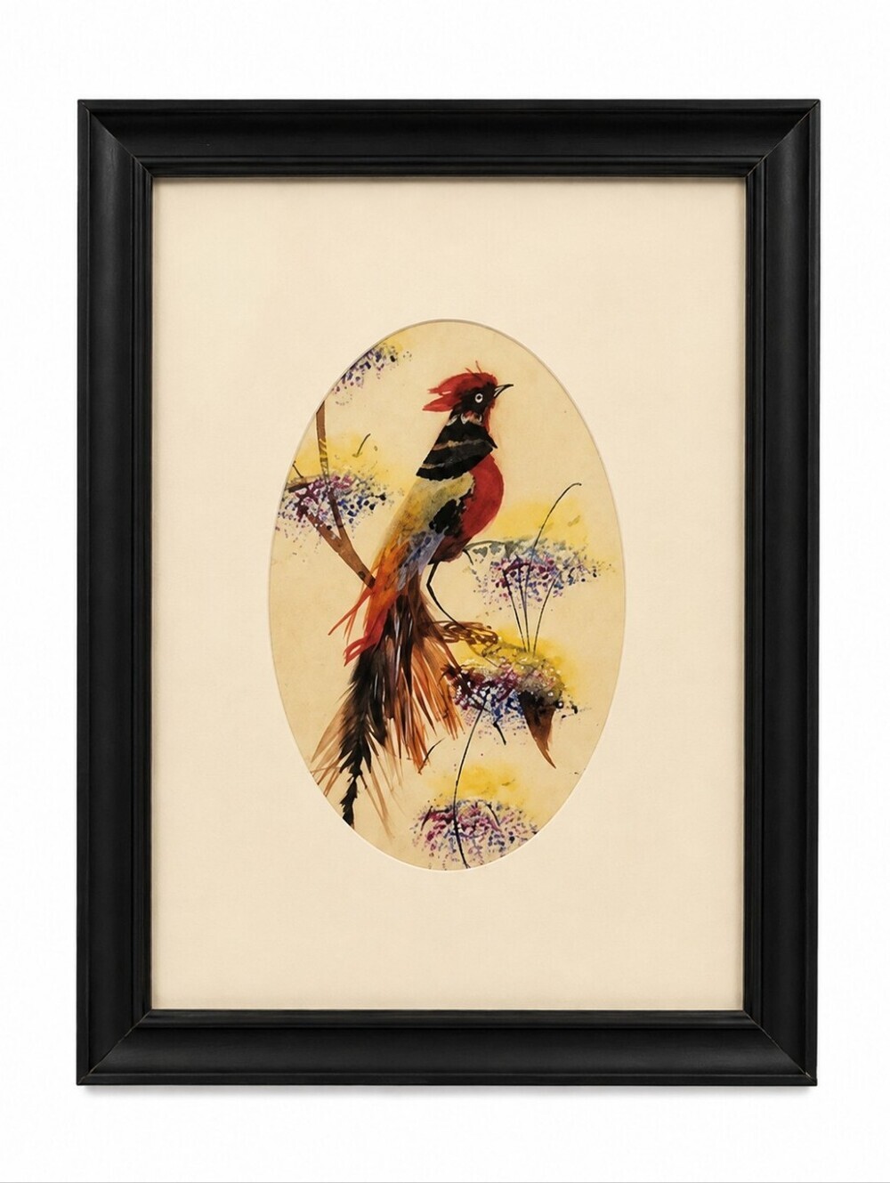 VTG Mexican Watercolor Tropical Feather Bird Framed Art